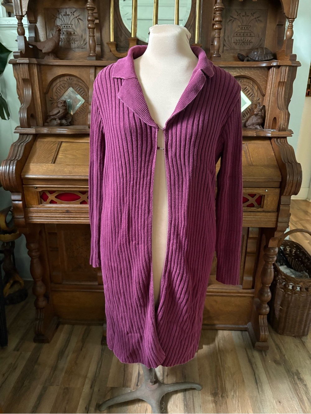 Y2K 90s Long Ribbed Open Cardigan Sweater - Raspberry burgundy